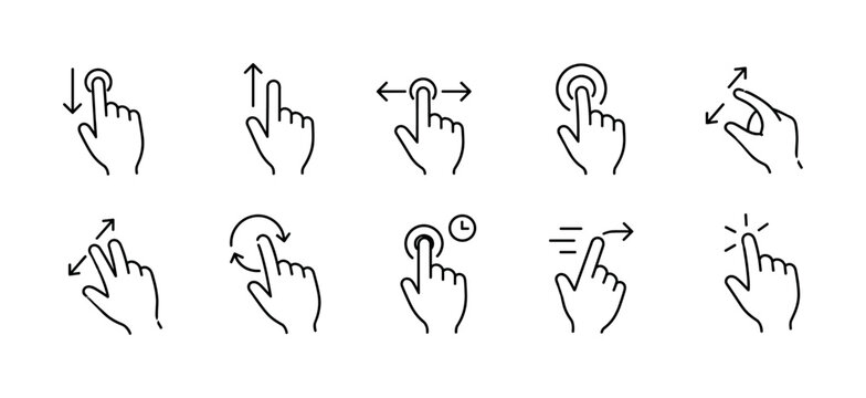Touch Scroll Single Lines, one-line drawing set, 10 minimal continuous single-line icons showing finger scroll down, swipe up, drag, tap, pinch, zoom, rotate, hold, flick and touch-screen navigation,