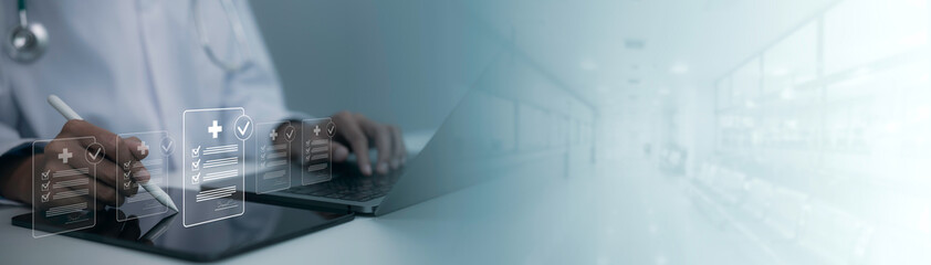 Obraz premium Digital healthcare workflow showing medical professional reviewing electronic checklists and patient records on laptop and tablet in modern hospital setting with secure technology