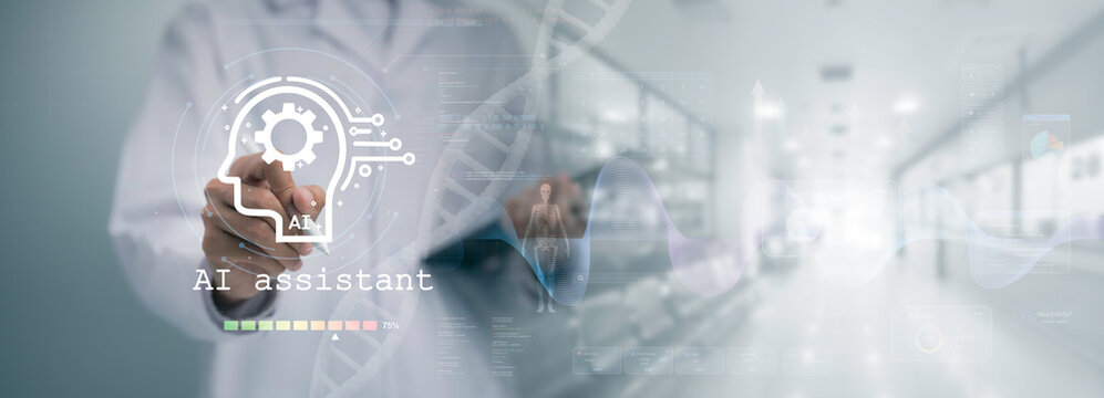 AI healthcare technology concept showing medical professional using artificial intelligence assistant to analyze patient data, diagnostics, DNA and clinical information in modern hospital