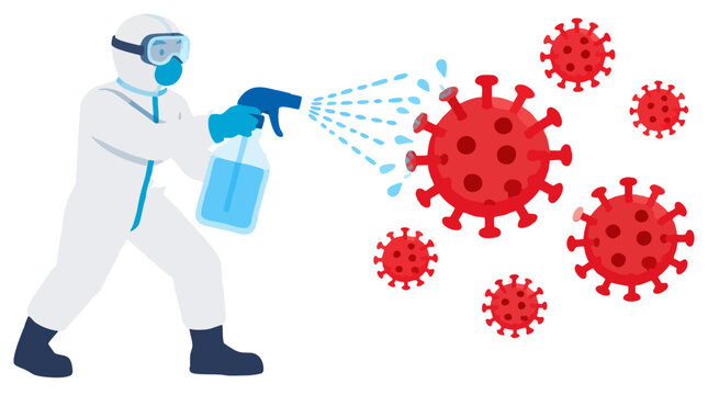 Worker in white protective hazmat suit spraying disinfectant sanitizer at large red coronavirus particles, flat vector illustration of pandemic prevention and hygiene control safety concept