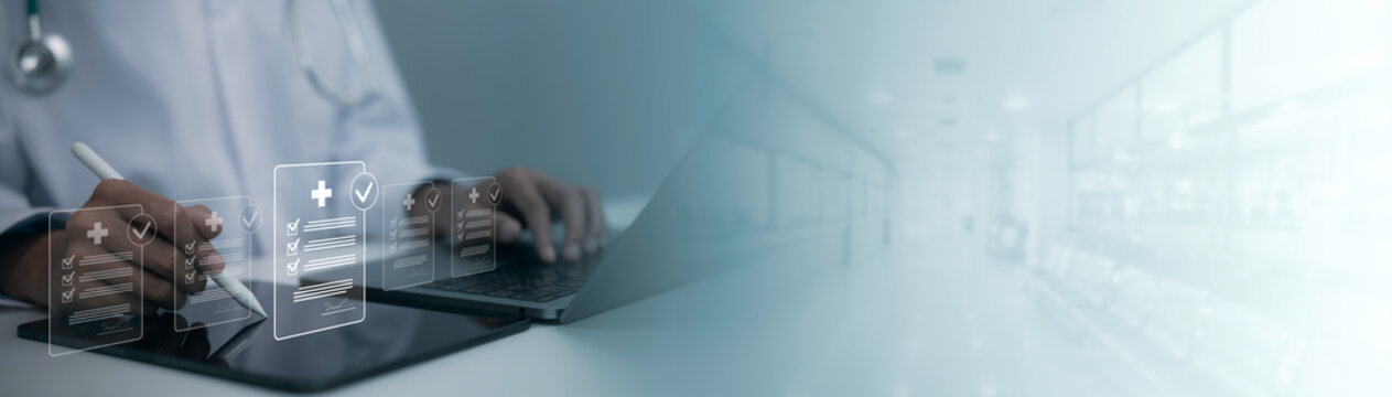 Digital healthcare workflow showing medical professional reviewing electronic checklists and patient records on laptop and tablet in modern hospital setting with secure technology