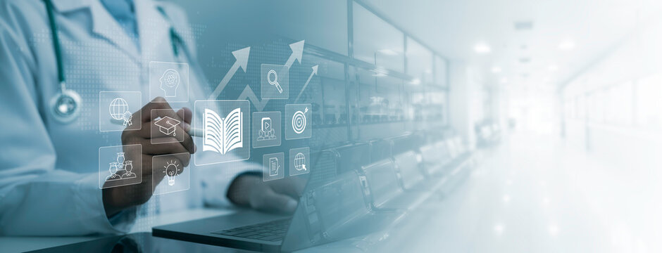 Digital healthcare education concept showing medical professional using online learning interface with knowledge icons, research tools and growth symbols in modern hospital environment for training