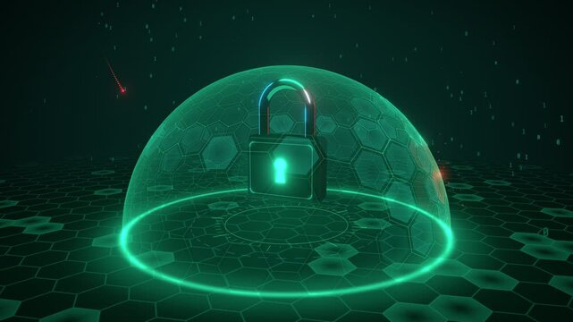 Digital security shield protecting a padlock from cyber threats with data streams and binary code in the background