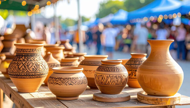 Ceramic pottery vase and patterned earthenware displayed at outdoor market with shoppers and colorful canopy in soft sunlight
