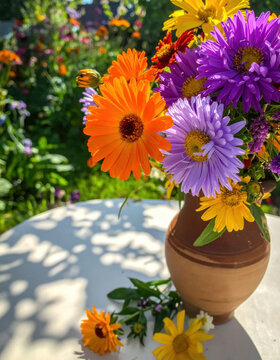 Colorful flower bouquet in ceramic vase on sunlit garden table, featuring orange, purple, and yellow blossom with soft foliage shadow and cheerful outdoor atmosphere