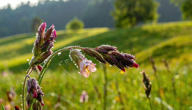 Dew covered purple wildflower stem in sunlit meadow with rolling green hills and soft woodland background