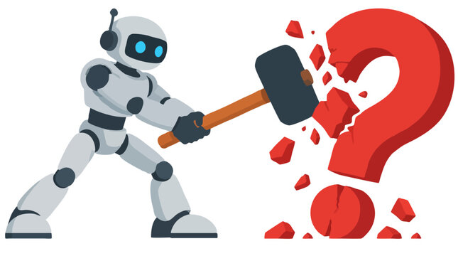 3D robot swinging large sledgehammer to smash giant red question mark shattering into pieces, problem solving solution breakthrough concept vector illustration isolated on white background