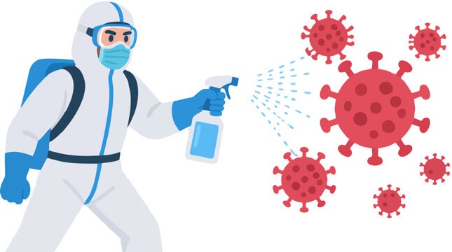 Worker in protective hazmat suit spraying sanitizer spray bottle at red spiky coronavirus particles, disinfection and cleaning concept, bold flat colors, vector illustration