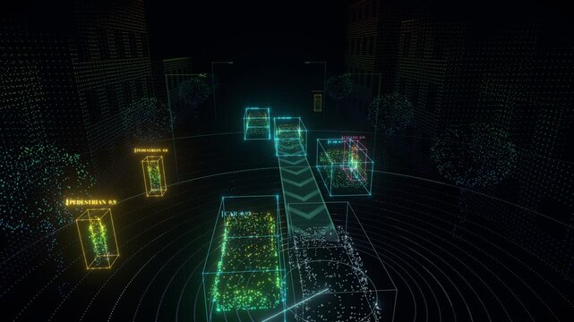 Autonomous vehicle sensor data visualization showing lidar point cloud detection of cars pedestrians and buildings in a city street