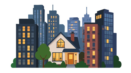 Fototapeta premium Cozy little house with warm glowing windows nestled among tall city skyscrapers at dusk, charming modern urban neighborhood contrast flat vector illustration isolated on white background