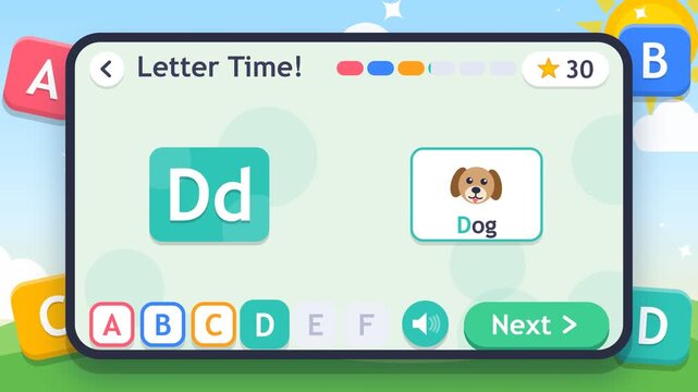Educational Mobile App Interface Displaying Alphabet Letters and Vocabulary for Kids, Screen Animation