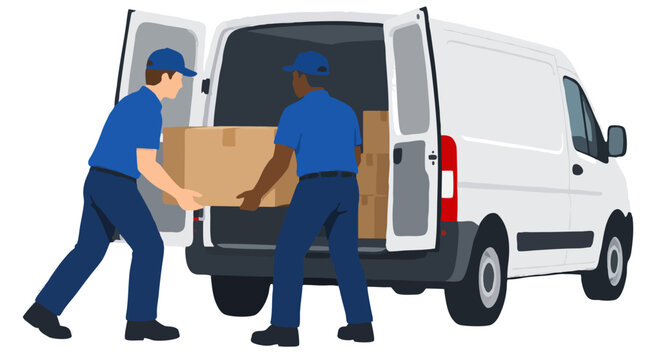 Flat vector illustration of two postal workers in blue uniforms loading a cardboard parcel into a plain white delivery van - professional high resolution commercial detailed commercial stock imagery