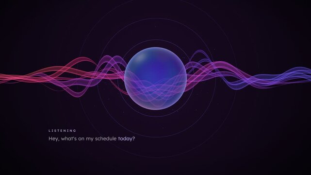 Abstract digital art depicting a pulsating sphere with sound waves emanating from it, representing AI voice assistant interaction