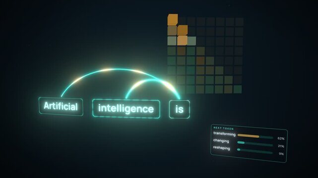 Artificial intelligence is transforming how we work, visualized with glowing text and data charts