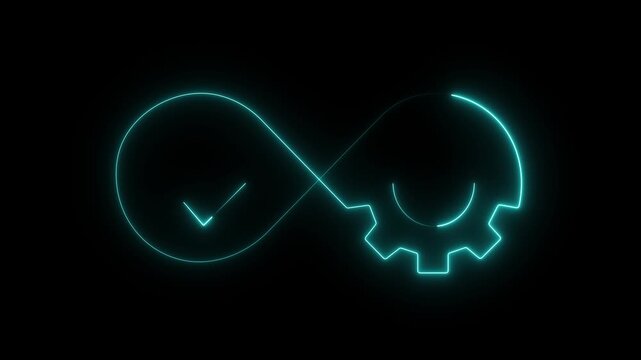 Cyan neon infinity symbol with gear and checkmark, representing continuous development and success