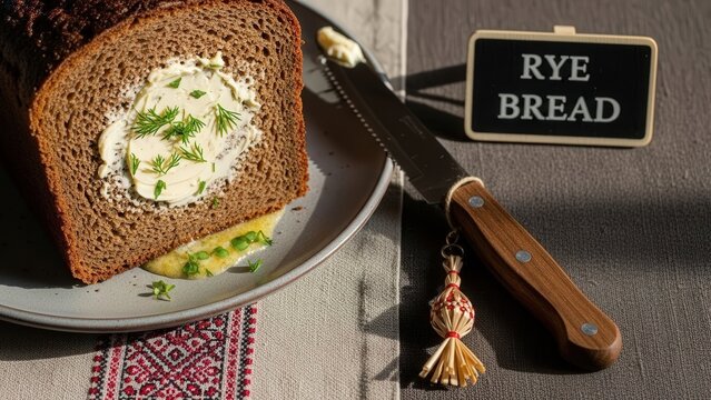 A slice of dense rye bread with a pool of cultured butter and micro dill, served with a chalkboard, wooden knife, and sodra charm on patterned linen against a rye-brown background with copy space.
