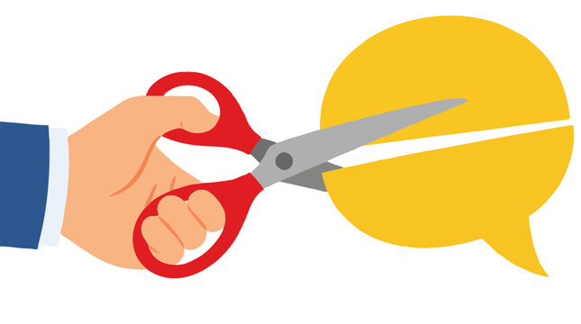 Businessman's hand holding red scissors cutting yellow speech bubble in half symbolizing censorship, cancel culture, freedom of speech restriction and communication control on white background