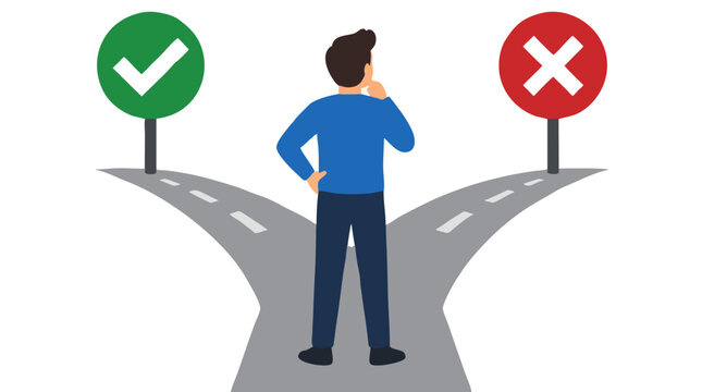 A man standing at a forked road crossroads choosing between green checkmark yes sign and red cross no sign, difficult decision making choice dilemma concept in bold flat vector illustration