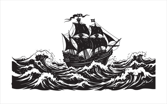 Vintage woodcut style illustration of an old sailing ship navigating through rough stormy ocean waves