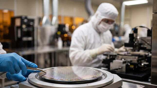 Technician handling silicon wafer in cleanroom environment for semiconductor manufacturing process