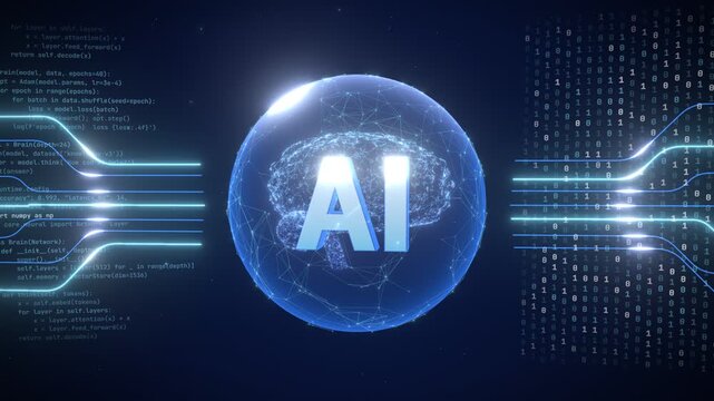 Artificial Intelligence concept with glowing brain network inside a sphere and flowing data streams on dark background