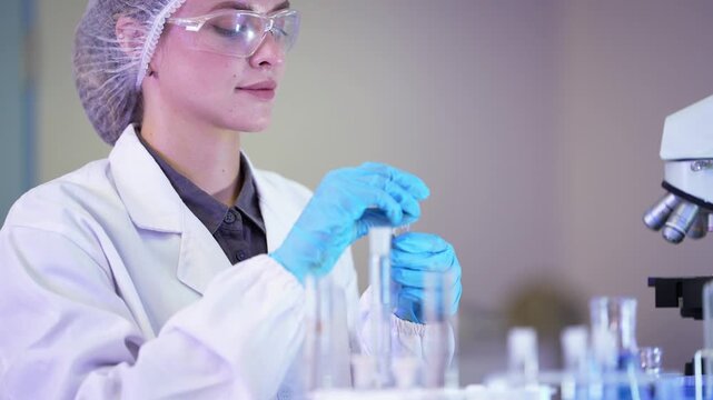 Scientist in white lab coat tilts a test tube in her blue-gloved hand, empties it into another and returns it to the rack in a bright lab