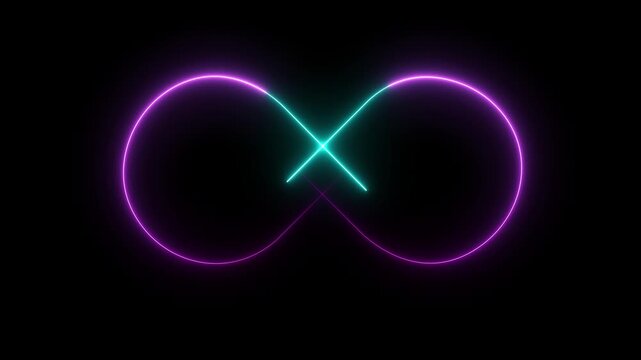 Glowing neon infinity symbol in vibrant cyan and magenta on black background