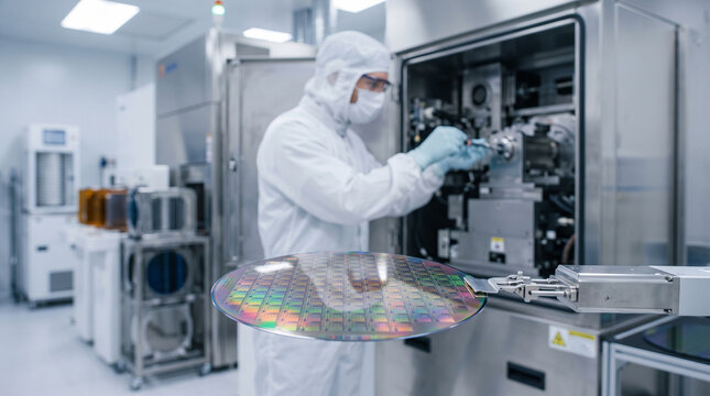 Technician in cleanroom suit inspecting a silicon wafer in a semiconductor manufacturing facility