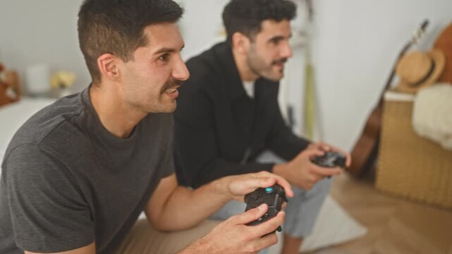 Two men with controller, one hand covering face gesture on bed in studio; friendly competition frustration.