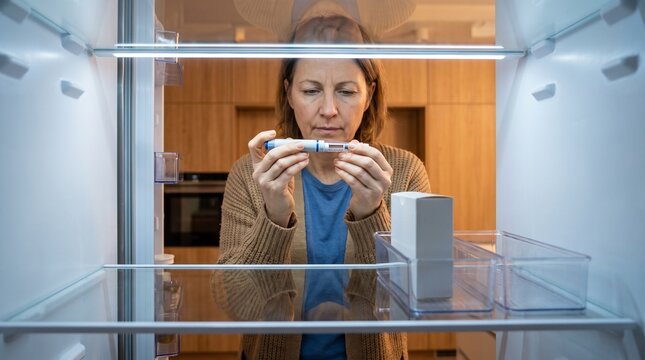 Endocrinology: Patient checks refrigerated GLP-1 injection pen before home treatment