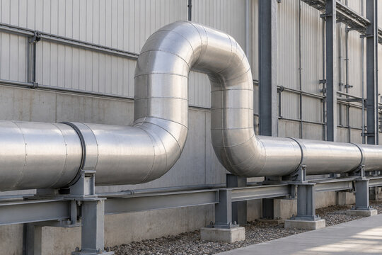 Insulated steam pipe expansion loop along a factory exterior