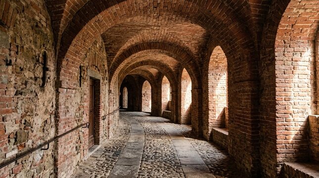 Ancient arched brick corridor with stone floor