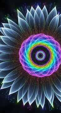Abstract rainbow glowing flower blooming with light in a dark void abstract bloom luminous flower