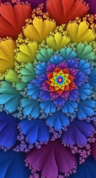 Colorful rainbow fractal flower spiral expanding in repeating geometric patterns with geometric patt