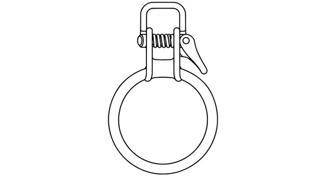 Black outline vector icon of a metal snap clasp drawn in bold lines with rectangular top shackle, coiled spring barrel, side lever and large bottom split ring for gymnastics or rigging use