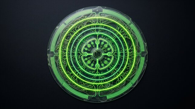 Organic smart sensor patch featuring biodegradable biofilm layers, circular lime neon circuitry and futuristic health monitoring technology