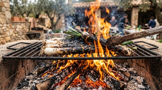 Meat skewers grilling over open fire flames