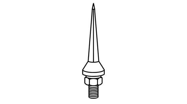 Black outline vector icon of a pointed lightning rod tip with threaded base, hexagonal nut and flared collar drawn with bold clean lines centered vertically filling the frame with apex detail