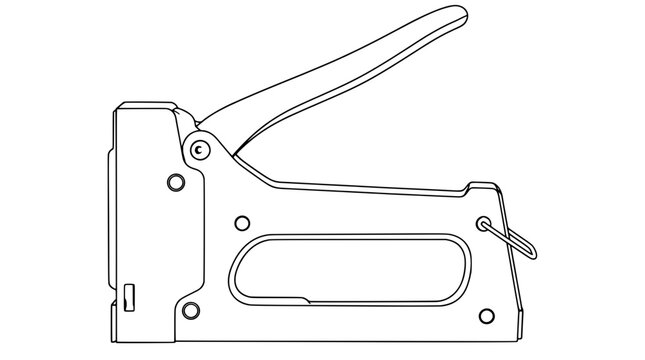 Black outline vector icon of a manual staple tacker gun with raised lever handle, rectangular body, side rivets and rear loop drawn with medium lines in side profile emphasizing daily utility