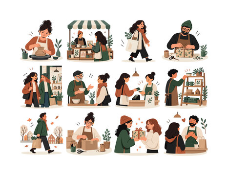 Shop Local November Series. Shop local, local businesses, handmade goods, artisans, markets and November holiday shopping. 12 minimalist editorial vector scenes: An artisan crafts a handmade item, A
