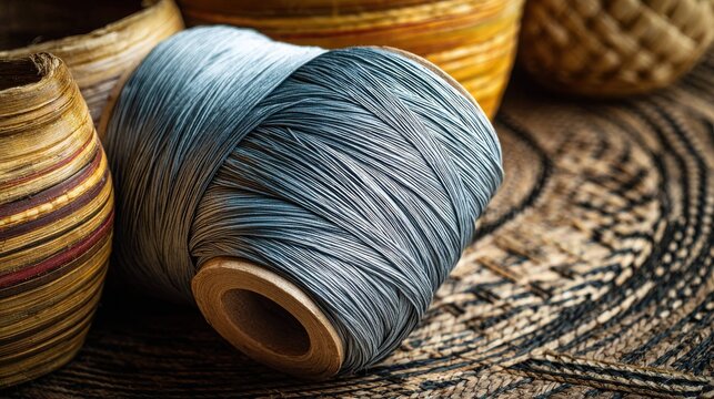 Close-up of a spool of silver and grey threads intertwined with natural fibers, resting on a textured woven surface