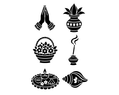 Hindu Puja Festival Icon Set Silhouette - Kalash Diya Conch Shell Namaste