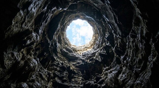 Mysterious light in a dark cave tunnel