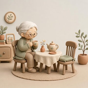 Elderly clay woman sitting at a set tea table with an empty chair opposite and a family photo nearby, concept of loneliness and waiting for family visit