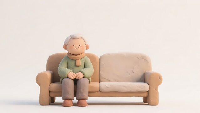 Elderly clay man sitting alone on one side of a large empty sofa, concept of loneliness, empty space and old age
