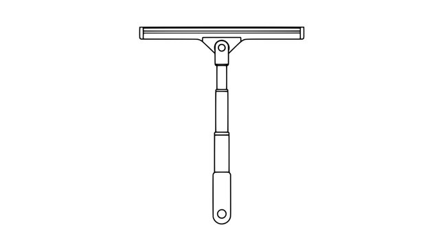 Black outline vector icon of a telescoping window squeegee with wide rubber blade pivoting T head segmented extension pole and hanging hole handle drawn in medium clean lines in vertical presentation