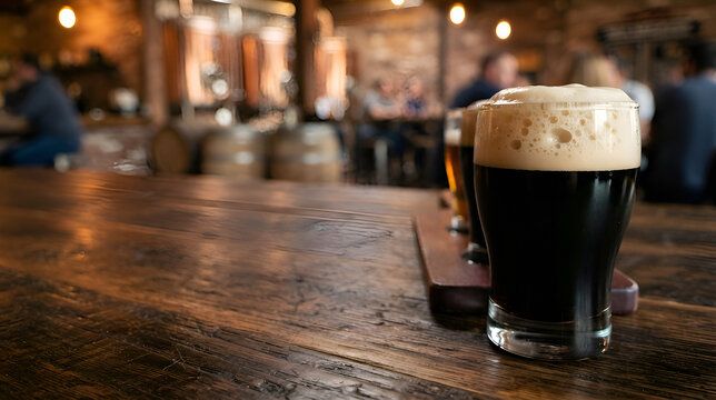 Dark beer with foam head on wooden bar counter