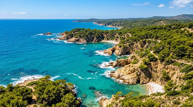 Turquoise coastline with cliffs and lush greenery