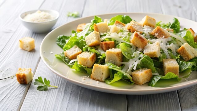 Freshly made Caesar salad with croutons and shaved parmesan cheese on a white plate