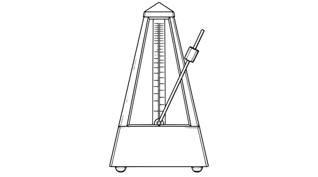 Black outline vector icon of a pyramid metronome with woodgrain base, vertical graduated scale and angled pendulum with sliding weight drawn with thin black lines in frontal vertical arrangement
